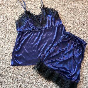 Midnight Blue Elegant Eye Lash Lace Trim Sleepwear Set Size S